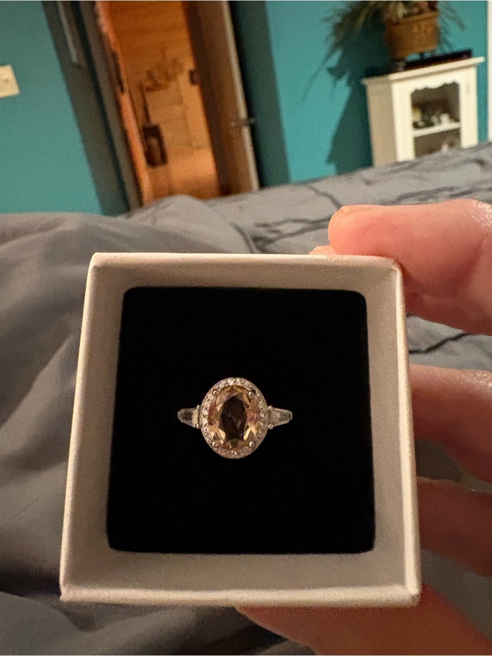 Blue Apple Co. Sterling Ring with Morganite Oval Center and Halo - Picture 2 of 3